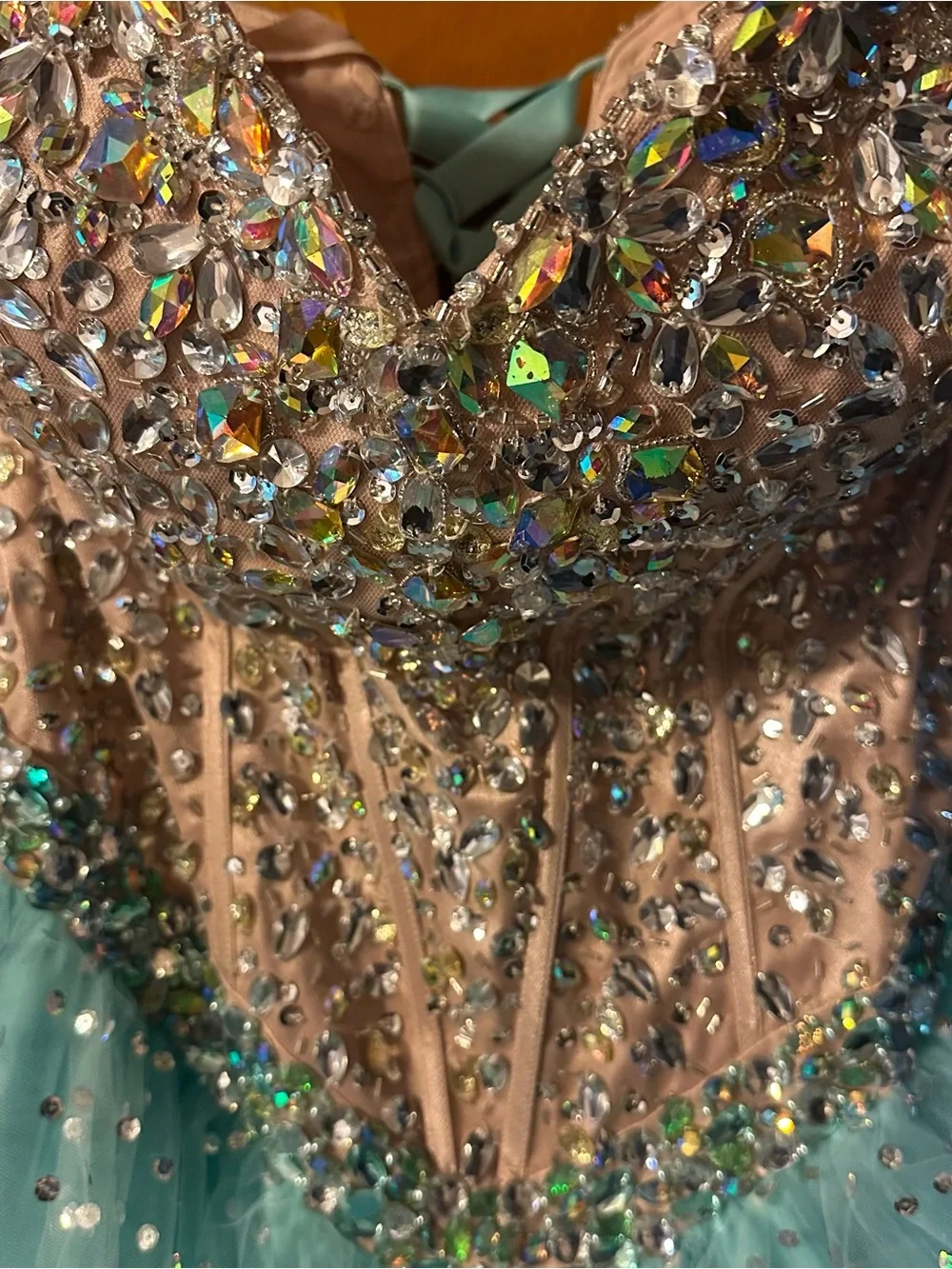Mori Lee turquoise  Champagne Beaded corset Cinderella Tulle Ball Gown size 18